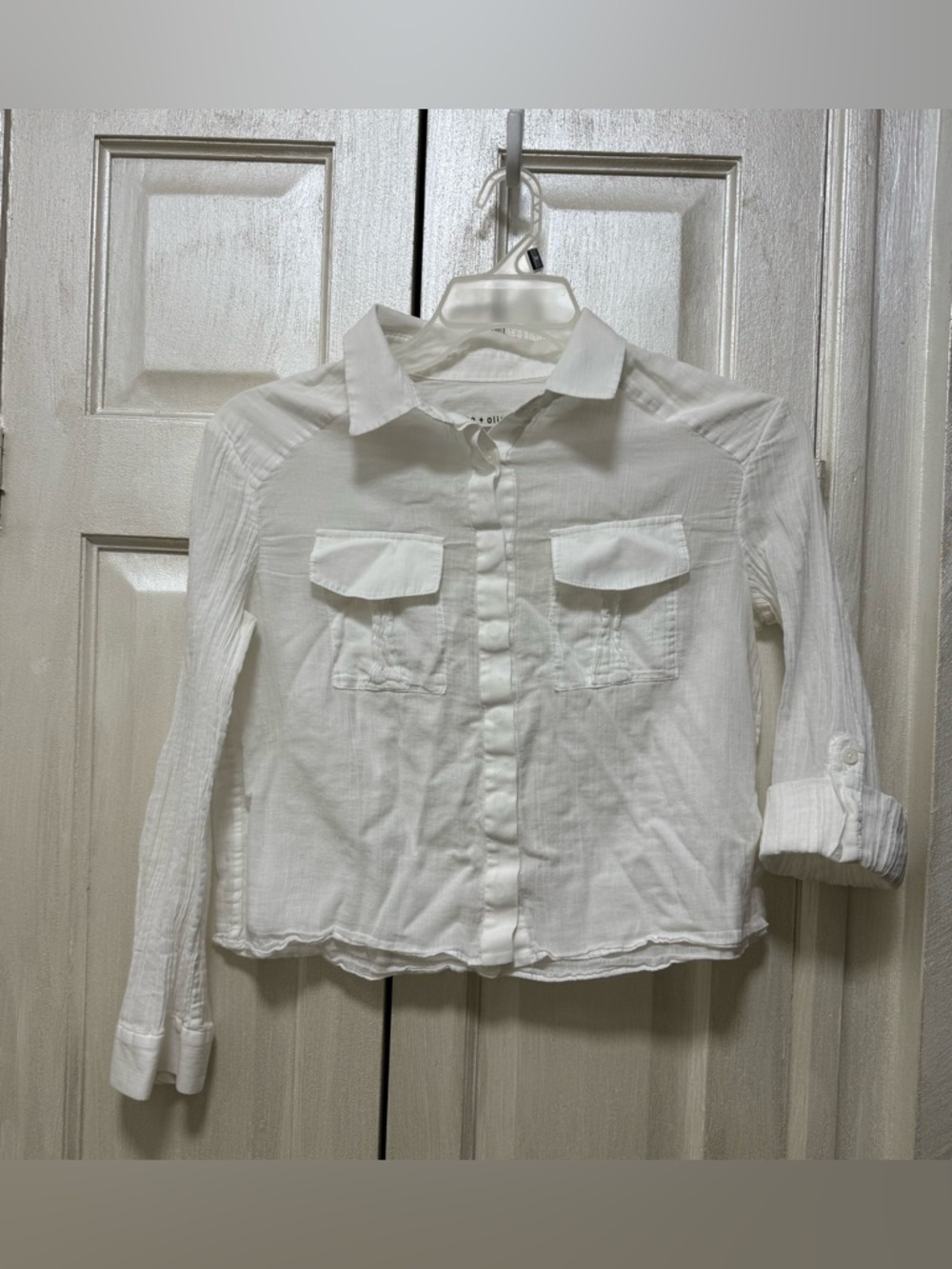 Alice+Olivia S White Crinkle Lightweight Cotton Button Up Long Sleeve Crop Shirt